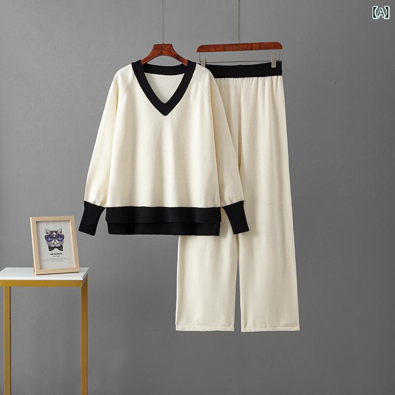 Three-Piece Set - セットアップ レディース 女性用 秋冬 Vネック 配色切り替え ニット セーター トップス ゆったり ルーズ ワイドパンツ ボトムス レーヨン 2点セット カジュアル リラックス 通勤 オフィス