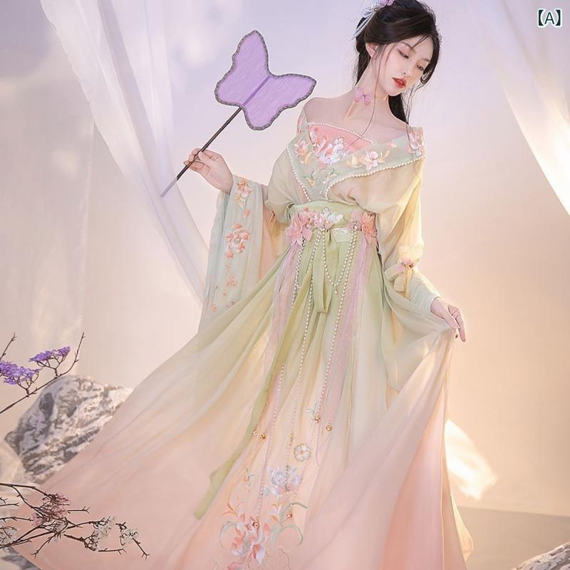 漢服 レディース 刺繍 蓮の花柄 斉腰襦裙 大袖衫 オフショルダー 魏晋風 中国伝統衣装 民族衣装 コスプレ 優雅 ステージ イベント 豪華 再生繊維 グリーン ピンク 青緑