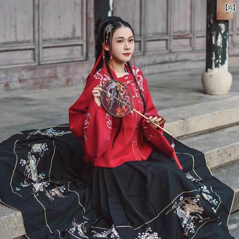 漢服 レディース 明朝風 龍刺繍 対襟 琵琶袖 飾りボタン 赤色上衣 黒色馬面スカート 古風衣装 改良型 ポリエステル素材 舞台衣装 イベ..