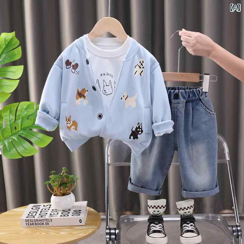 アウター 男の子 ベビー キッズ 韓国風 カジュアル かわいい 開襟 カーディガン スウェットブルゾン 長袖 コットン 柔らかい シングルブレスト 動物柄 春秋 パンツ三点