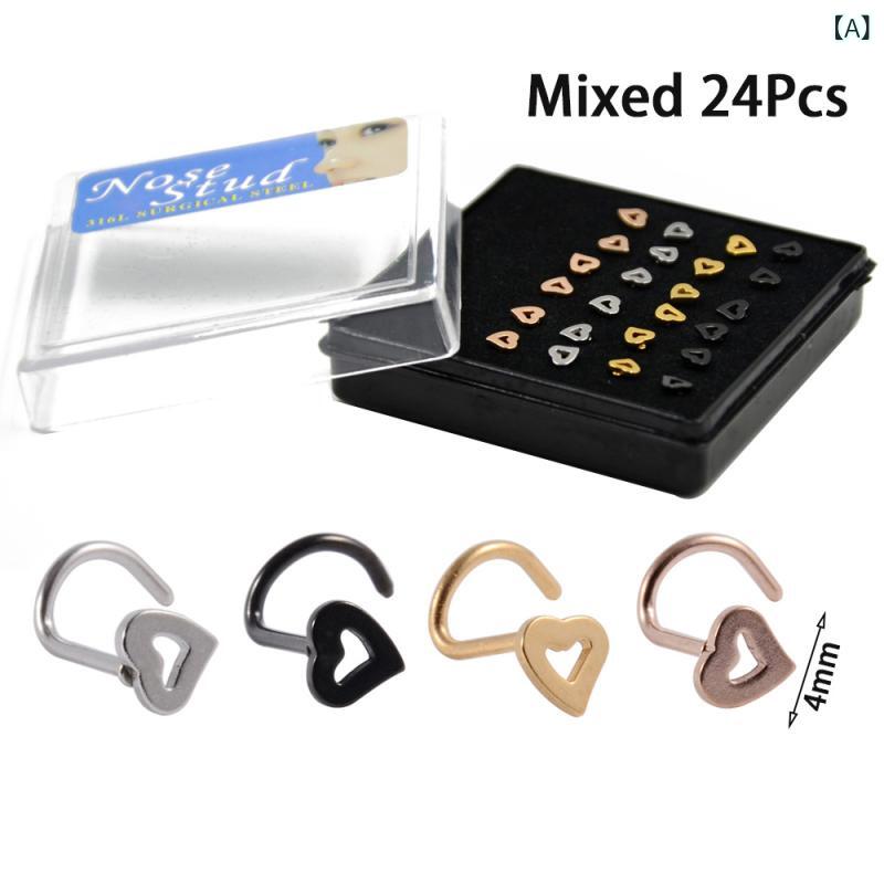Body Earrings - 鼻ピアス 男女兼用 サージカルステンレス ジルコニア オパール ストーン 爪留め ハート 星 ベントバーベル カーブ ストレート 複数デザイン 24個 ボディピアス