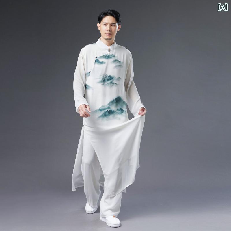 漢服 メンズ 男性用 中国風 民族衣装 スタンドカラー 立ち襟 シフォン ポリエステル プリント 総柄 ロング丈 長丈 斜め襟 白 ホワイト カジュアル 普段使い イベント 衣装 春夏