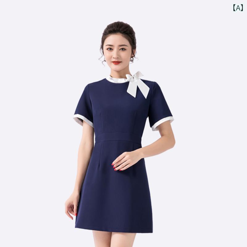 ・カテゴリ: 服装・タイプ: リボンワンピース・適用シーン: 通常作業服・性別: 女性・機能: スタイルアップ・主な素材: ポリエステル・ネックライン: モックネック・袖丈: 半袖・袖タイプ: レギュラー・着丈: ミドル丈（約65～80cm）・カラー展開: ブルー、ピンク、ブラック・サイズ展開: S、M、L、XL、2XL、3XL