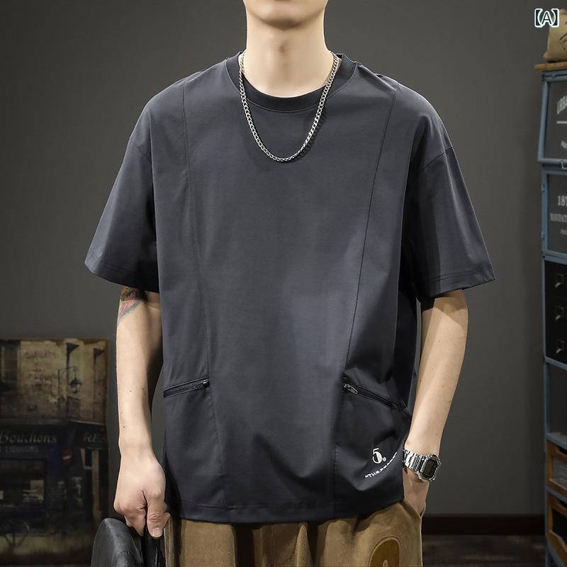 Tシャツ メンズ トップス 半袖 ファスナーポケット ゆったり ルーズフィット ビッグシルエット ビッグサイズ 丸首 クルーネック コットン 薄手 夏 スポーツ アウトドア 普段使い