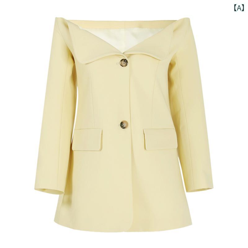 ジャケット レディース 春夏 ベアトップ オフショルダー デザイン性 ゆったり ルーズシルエット ミドル丈 高級感 エレガント 上品 イエロー