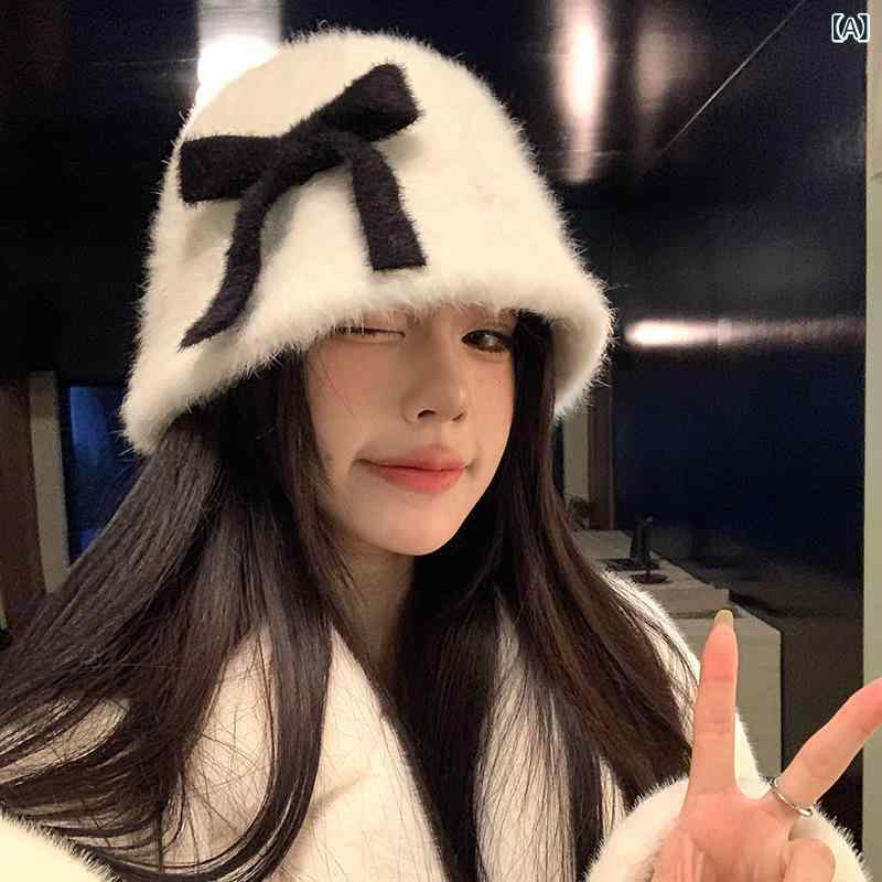 帽子 レディース 韓国風 かわいい リボン ラビットファー バケットハット 秋冬 防寒 保温 あったか 小顔効果 シンプル 上品 万能 着回し 女性用