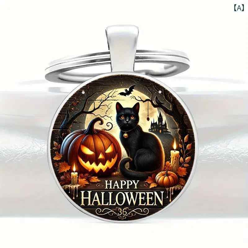 キーホルダー ハロウィン パンプキン 黒猫 モチーフ メタル ペンダントチャーム 楽しいメッセージ ユニーク かわいい バッグチャーム ..