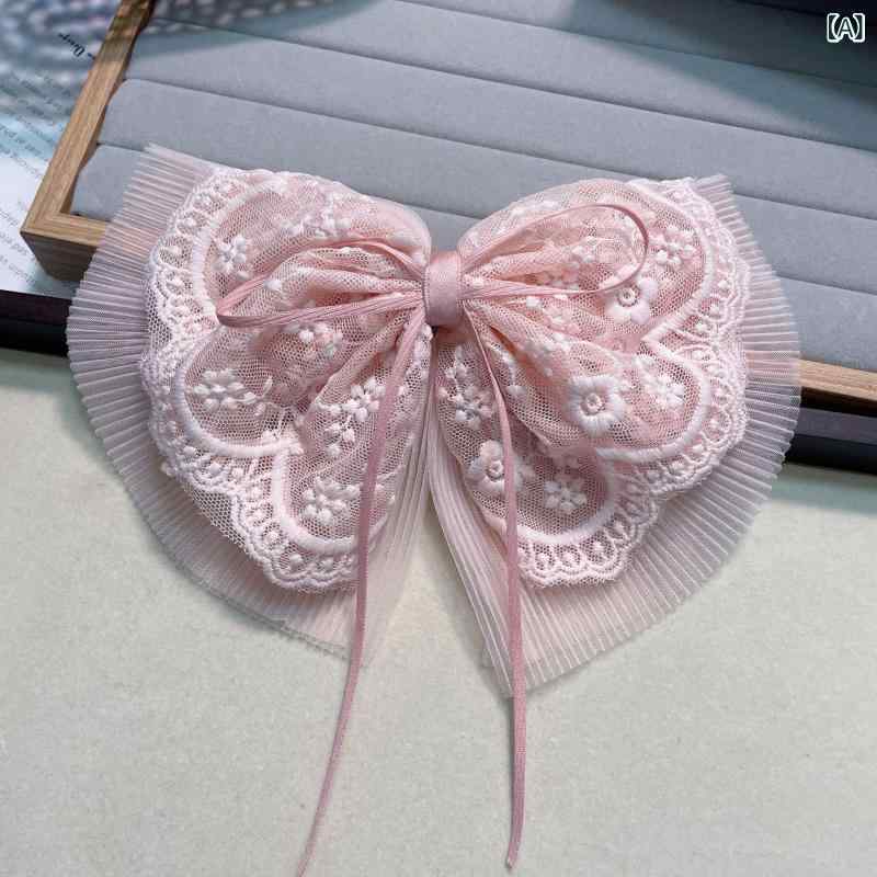 ヘアクリップ レディース 韓国スタイル 儚げ レース 刺繍 ビッグリボン バネクリッ...