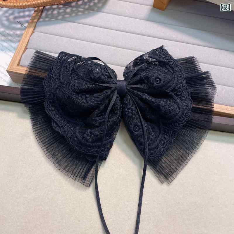 ヘアクリップ レディース 韓国スタイル 儚げ レース 刺繍 ビッグリボン バネクリッ...