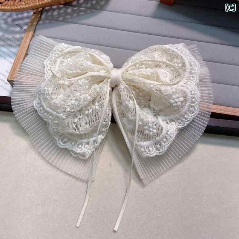 ヘアクリップ レディース 韓国スタイル 儚げ レース 刺繍 ビッグリボン バネクリッ...