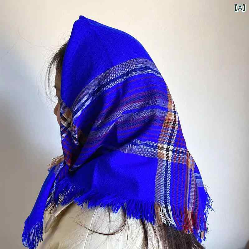 ヘッドスカーフ レディース シニア 中高年 女性用 厚手 保温 防寒 暖かい チェック柄 ニット 正方形 頭巾 秋冬 スカーフ マフラー 農作業 普段使い エスニック