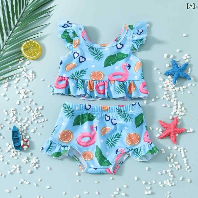 水着 ベビー 女の子 セパレート スイムウェア 上下セット 爽やか フリル ノースリーブ ショート丈トップス 三角ショーツ 2点セット ポリエステル リゾート ビーチ プール 海水浴 夏レジャー 水色 ピンク