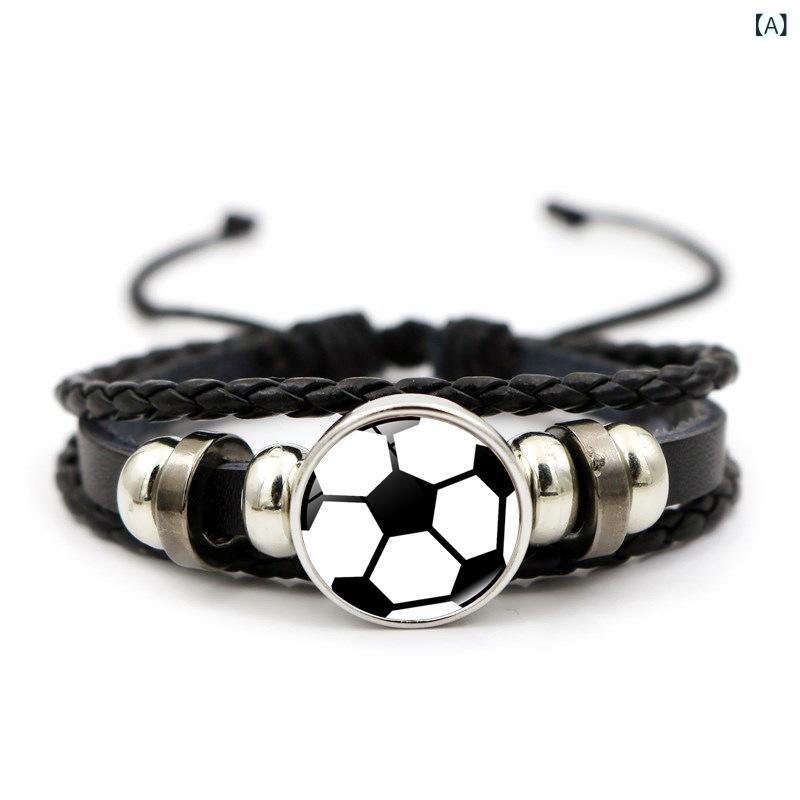 ブレスレット 男女兼用 ユニセックス サッカーボール柄 スナップボタン フェイクレザー レトロ パンク風 多層 ビーズ 編み込み 重ね付け 腕輪 黒 ピンク 青