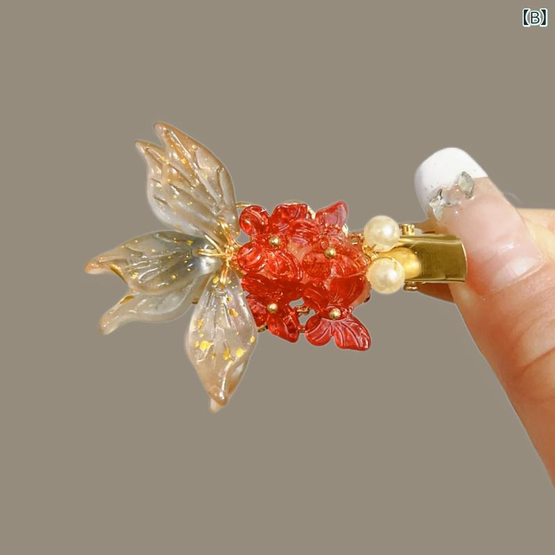 ヘアクリップ レディース キッズ 金魚 オーロラカラー 和風 レトロ 高級感 髪飾り ...