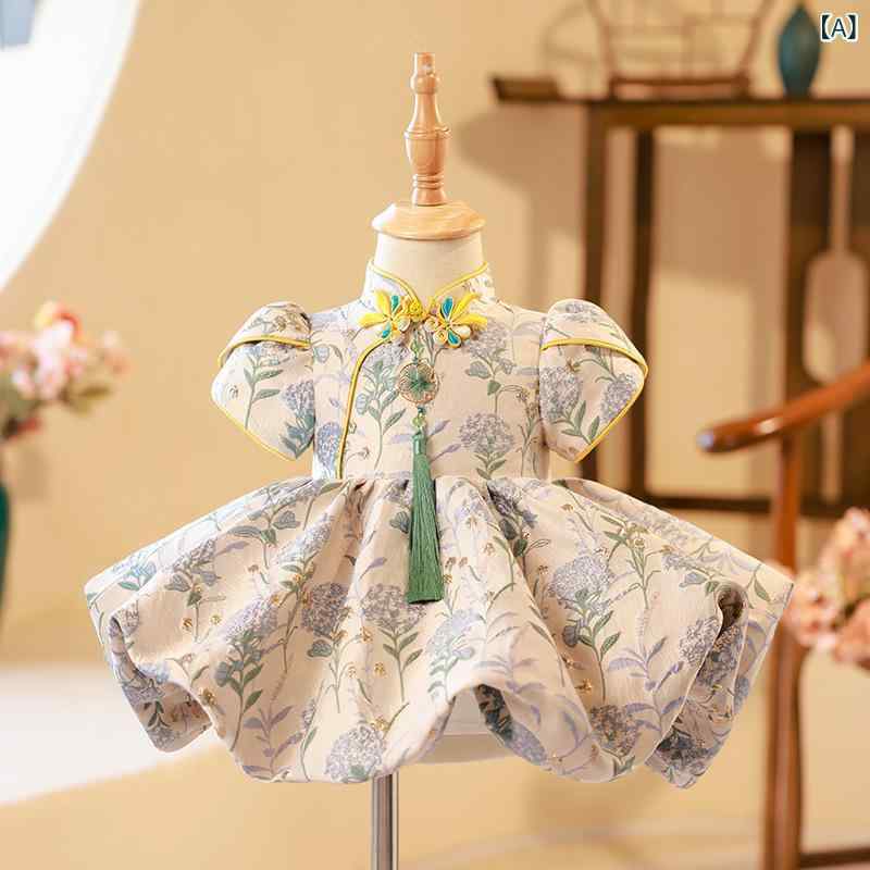 キッズ 女の子 プリンセスドレス プリーツ加工 コーティング加工 シアー加工 酵素洗い ポリエステル素材 高級感 かわいいデザイン フルレングス ラウンドネック フレアスカート パフスリーブ ウエストゴム 簡単着脱 日常パーティー対応