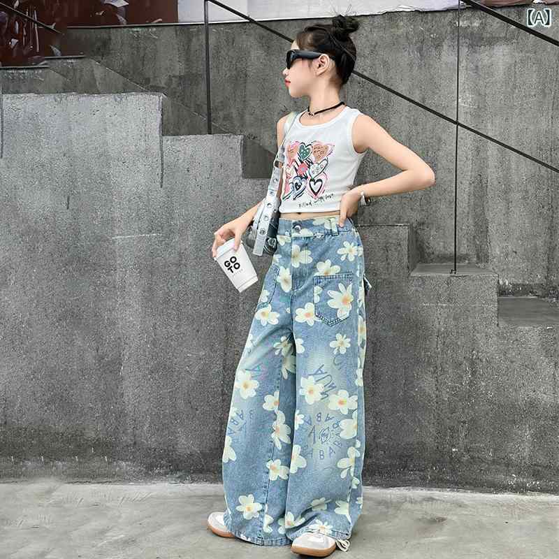 Occidental Goods - キッズパンツ 女の子 デニム ハイウエスト フラワー柄 ウォッシュ加工 ストレート ロング丈 春夏 コットン100 柔らかい素材 トレンドスタイル クールカジュアル 安全基準適合 中大児向け フルレングス 快適フィット