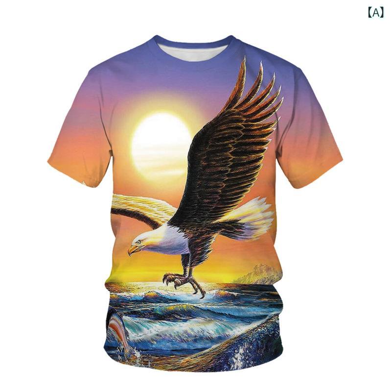Tシャツ メンズ 夏 カジュアル ゆったりシルエット 丸首 短袖 メッシュ生地 3Dプリント 国旗 鷲 柄 青少年向け 休日使い 軽やか 着心地 良い 通気性 抜群 日常 アクティブ シーン