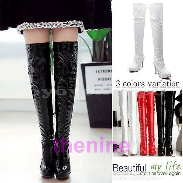 シンプルなデザインの細身エナメルニーハイブーツ白黒赤のカラー3色大きいサイズピンヒールブラックホ..