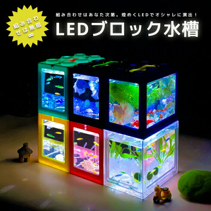Rakuten - ★【今だけこの価格！】新 LEDライト付きブロック水槽セット アクアリウム水槽 アクアリウム ブロック ミニサイズ ミニ 小型 重ねられる おしゃれ 面白い モダン レトロ カラフル オブジェ 光る ライト付き レゴ風 レゴブロック風 おもちゃ風 ペット 小魚 熱帯魚 LED【】