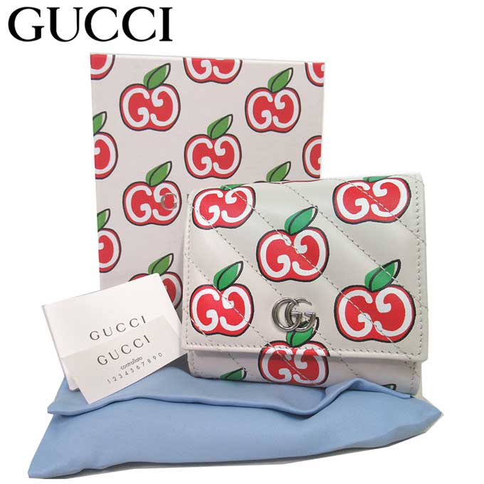 グッチ 財布（レディース） 【10%OFF 6/2 09:59迄】グッチ GUCCI 財布 レディース 598629(オフホワイト系) キルティングレザー GGマーモント アップルプリント かぶせ蓋　二つ折り財布 ブティックライン 送料無料