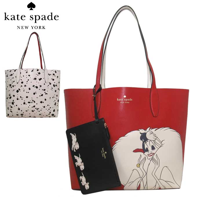 ケイト・スペード ニューヨーク 革バッグ レディース ケイトスペード トートバッグ kate spade レザー ディズニーコラボ 101匹わんちゃん「クルエラ」ダルメシアン柄 リバーシブル ポーチ付き K8099 600(レッドマルチ) アウトレット レディース 送料無料