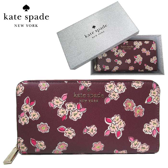 ケイト・スペード ニューヨーク 財布（レディース） ●ギフトBOX付!!● ケイトスペード 財布 長財布 kate spade ティンセル ボックスド サフィアーノPVC フロステッド フローラル グリッター ラージ ラウンドファスナー ウォレット K9298 600(ワイン系マルチ) アウトレット レディース 送料無料