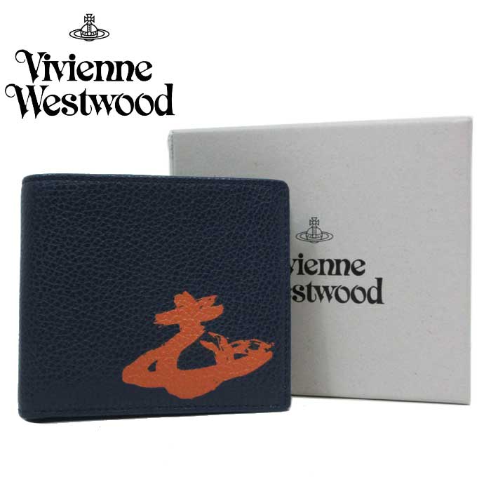 ヴィヴィアンウエストウッド 財布（メンズ） ヴィヴィアンウエストウッド 財布 二つ折り財布(小銭入無) Vivienne Westwood レザー グラフィックオーブプリント 51120008 42029 K402(ネイビー×オレンジ) Vivienne Westwood 送料無料