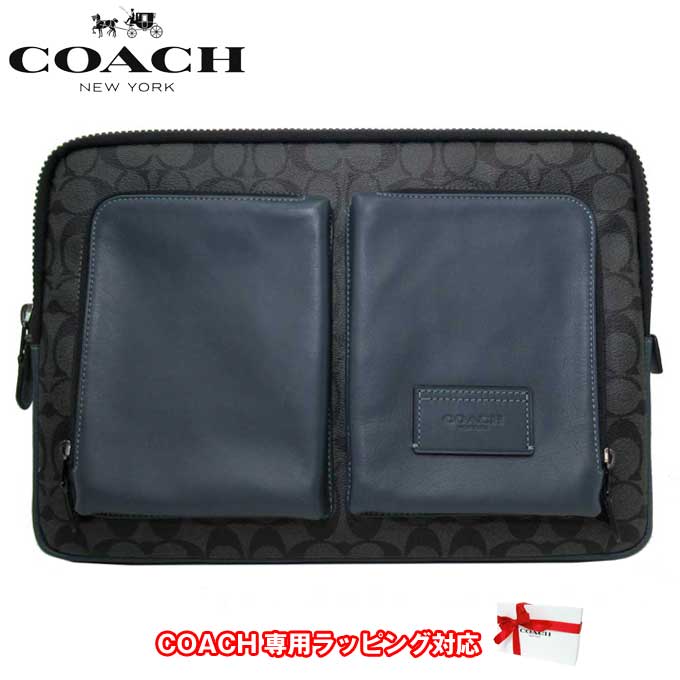 【10%OFF 5/21 09:59迄】コーチ ポーチ COACH ユーティリティー ラップトップ ケース・カラーブロック シグネチャー キャンバス CE701 QBEP7(チャコール×デニム) アウトレット メンズ 送料無料