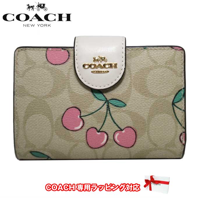 コーチ 財布（レディース） コーチ 財布 二つ折り財布 COACH ミディアム コーナー ジップ ウォレット・シグネチャー キャンバス・ハート チェリー プリント CF401 IMOT4 (ライトカーキマルチ) アウトレット レディース 送料無料