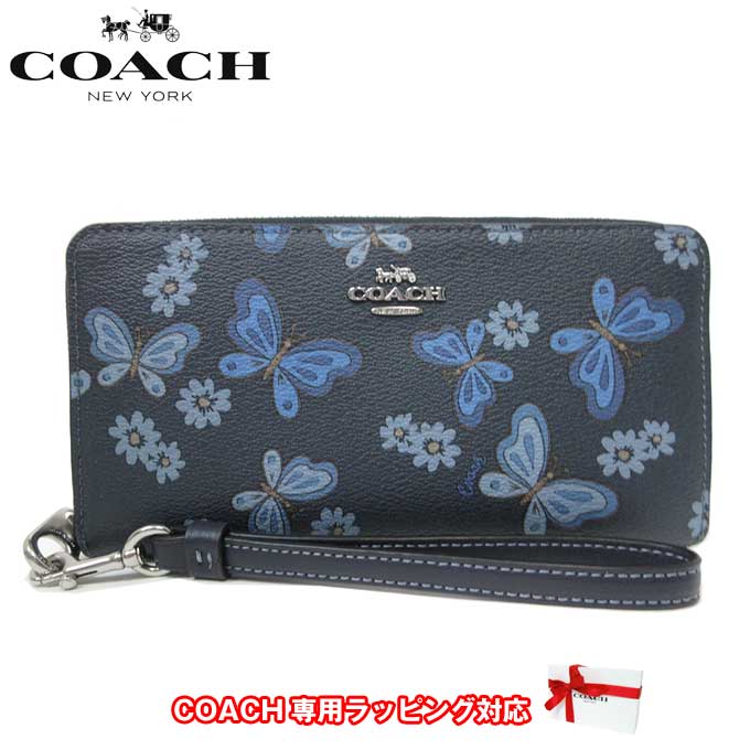 コーチ 財布（レディース） 【10%OFF 6/2 09:59迄】コーチ 財布 長財布 COACH ラブリー バタフライ プリント ロング ジップ アラウンド ウォレット ストラップ付き CH718 SVEFH(ミッドナイトネイビーマルチ)アウトレット レディース 送料無料