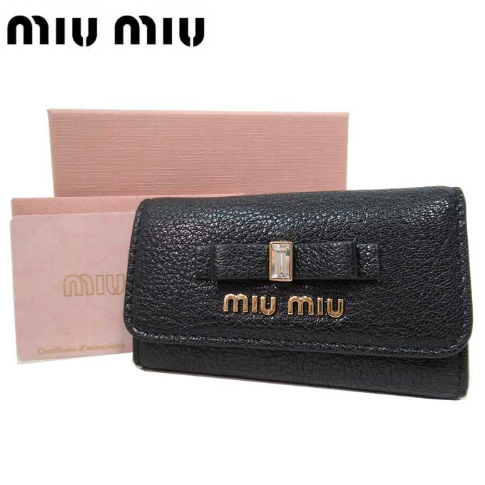 ミュウミュウ キーケース MIU MIU レディース 5PG222 NERO(ブラック) レザー リボンモチーフ ラインストーン 6連キーホルダー MADRAS FIOCCO 送料無料【ギフト】