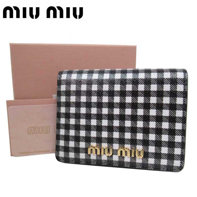 ミュウミュウ 財布 二つ折り財布 MIU MIU レザー ギンガムチェック ミニ財布 5MV204 MADRAS VICHY NERO+BIANCO(ブラック×ホワイト系) アウトレット レディース 送料無料