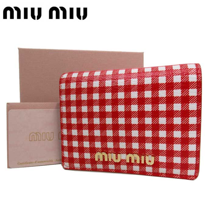 ミュウミュウ 財布 二つ折り財布 MIU MIU レザー ギンガムチェック ミニ財布 5MV204 MADRAS VICHY ROSSO+BIANCO(レッド系×ホワイト系) アウトレット レディース 送料無料