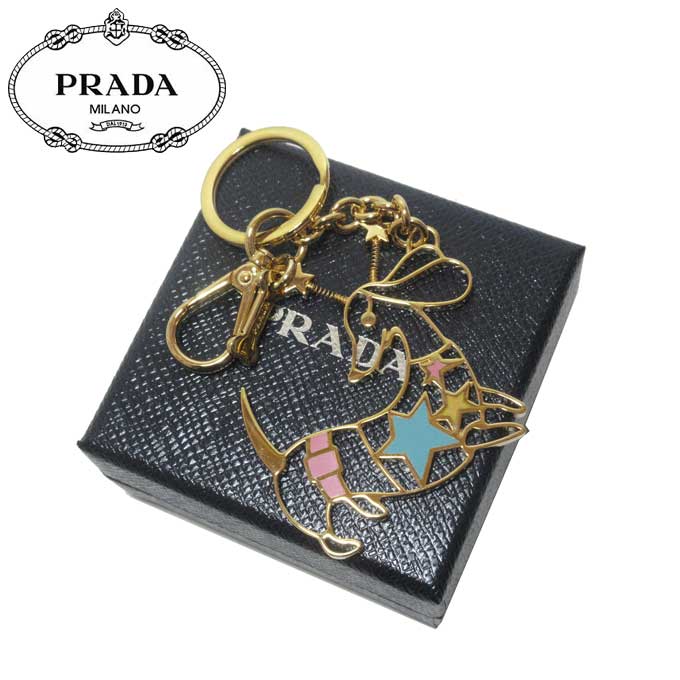 ●ギャラ無し● プラダ アウトレット PRADA キーホルダー 1TM095 エナメルメタル ドッグ＆スター モチーフキーホルダー：ゴールド系マルチ【キーホルダー】【チャーム】【RCP】【楽天カード分割】【レディース】