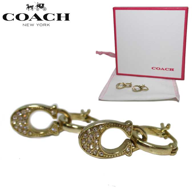 【10%OFF 5/21 09:59迄】【中古（Aランク）】 コーチ アクセサリー COACH メタル×ラインストーン C ロゴ ピアス 箱付き ゴールド系 レディース 送料無料