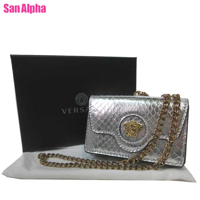 ヴェルサーチェ 財布（レディース） ヴェルサーチェ 財布 三つ折り財布(小銭入れあり) VERSACE メドゥーサ ロゴ パイソン調レザー チェーンネックストラップ ミニ財布 1003085 (シルバー) アウトレット レディース 送料無料