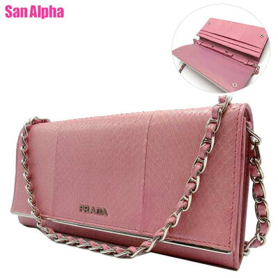 【訳あり】プラダ 財布 長財布 PRADA パイソン調レザー チェーンショルダーウォレット プレート ロゴメタル かぶせ蓋 1MT290 (ピンク系) アウトレット レディース 送料無料