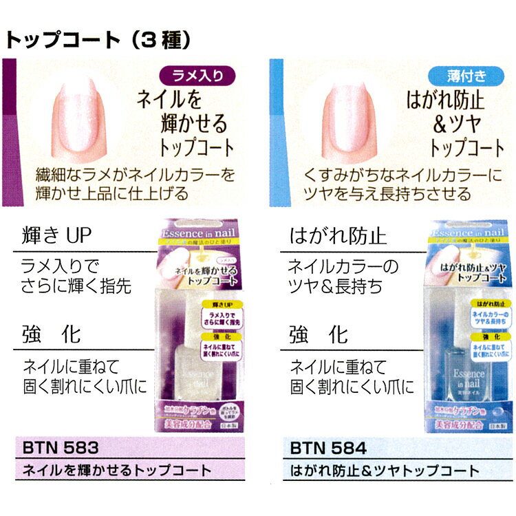 美容成分配合トップコート 3種 10ml ラメ入り はがれ防止 ジェル風 UVカット 黄ばみ防止 プライマー 密着UP BTN 583-585 【メール便1個のみ350円でOK】 ネイル トップジェル トップコート 長持ち ポリッシュタイプ ハケタイプ