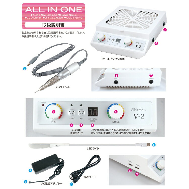 ＼期間限定 ポイント10倍 3980円以上 送料無料／オールインワン ALL-1 LEDライト 集塵機 ネイル ダストコレクター ネイルドリル ネイルマシーン ネイルマシン 電動ネイルファイル 電動ネイルケア ネイルオフ ジェルネイルオフ ジェルオフ セルフネイル