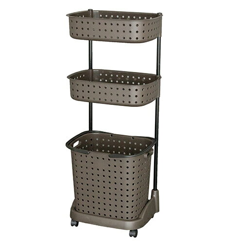 【他商品同梱不可】レクエア ランドリーバスケット3段 ダークブラウン (0328109) 脱衣かご キャスター付 簡易物干し 室内【日本製】