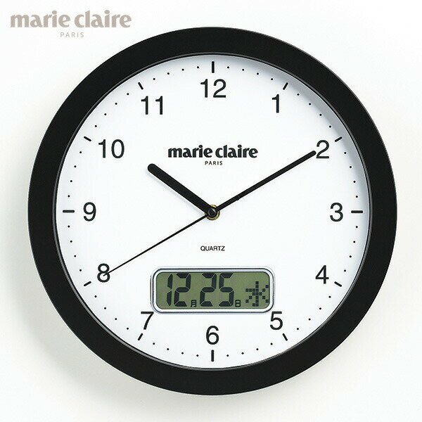 マリ・クレール 壁掛け時計 カレンダー機能付(MC-503)marieclaire ウオールクロック スムーズ秒針 音がしない 日付表示 曜日 モダン シンプル おしゃれ 寝室 ブラック モノトーン 便利 ギフト