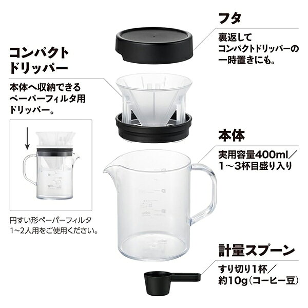 キッチン雑貨のパレット燕三条本店のコーヒーサーバー ストロン 400ml ビーカー コンパクトドリッパーセット ホワイト (TW-3767) コーヒー カフェスタイル 紅茶 お茶 ティーポット シンプル キッチン雑貨 丈夫 きれい 透明 白【日本製】｜アングル2