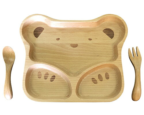 キッズセット くま(66030)スプーン・フォーク付 天然木 ウッド 離乳食 お食い初め プレート お子様ランチ 食器 ベビー 幼児 ブナの木