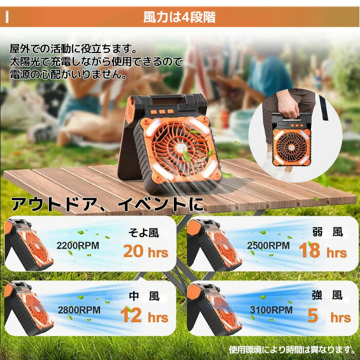 ポータブル扇風機 充電式 アウトドア コードレス扇風機 持ち運び USB充電 扇風機 卓上扇風機 吊り下げ 急速充電 風量調整 LEDライト 大容量バッテリー アウトドアファン 送料無料 ###太陽光ファンX99-OR###