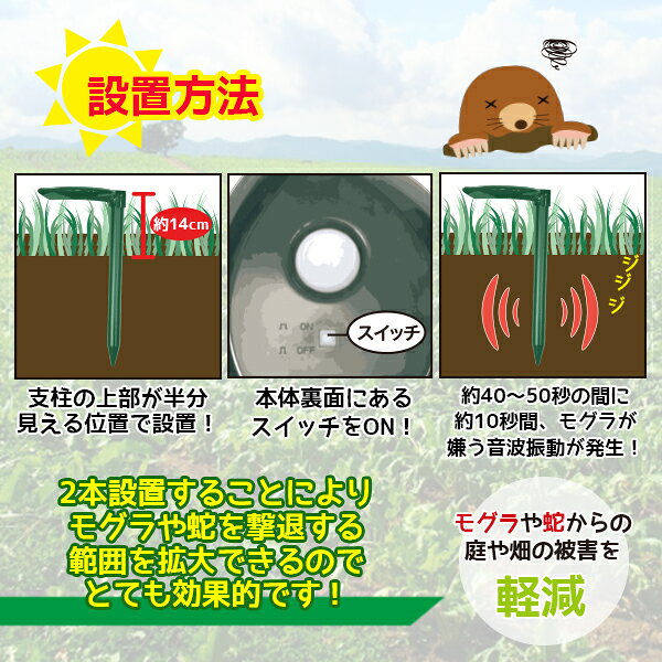 ★最大2,000円OFFクーポン発行中 〜9/11 1:59まで★ ソーラー式 モグラ撃退器 2個セット 撃退機 害獣駆除 モグラ駆除 モグラ対策 電源不要 音波振動 害獣対策器 【送料無料】 ###撃退器GH-201★###