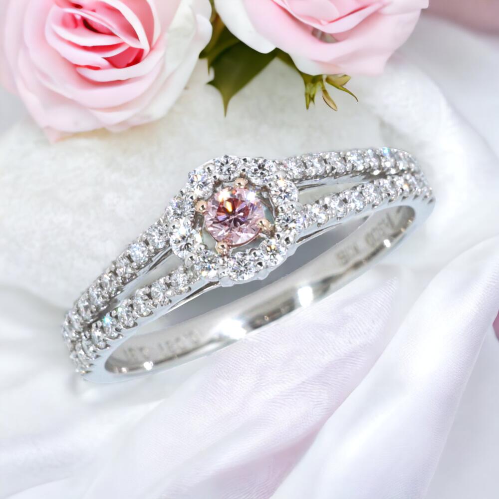 ピンクダイヤモンド 【ブーケ・クラッシー】0.096ct Fancy Pink,SI1 ダイヤ0.31ct Pt900/K18PGハロリング(R100392)