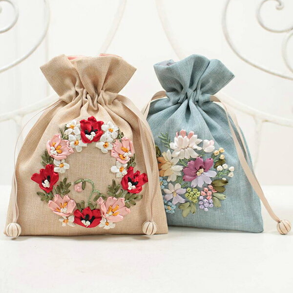 巾着 約17×22cm リボン刺繍 整理 小物 可愛い 花柄