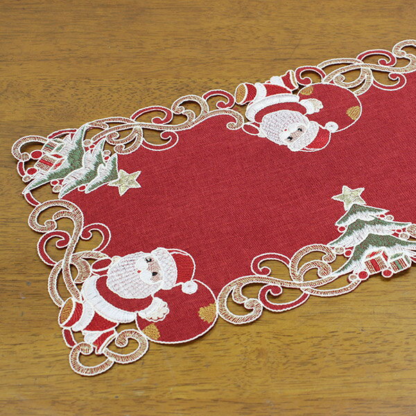 カットワーク＆刺繍 クリスマス テーブルセンター サンタクロース 約20x40cm 【ゆうパケット選択可】