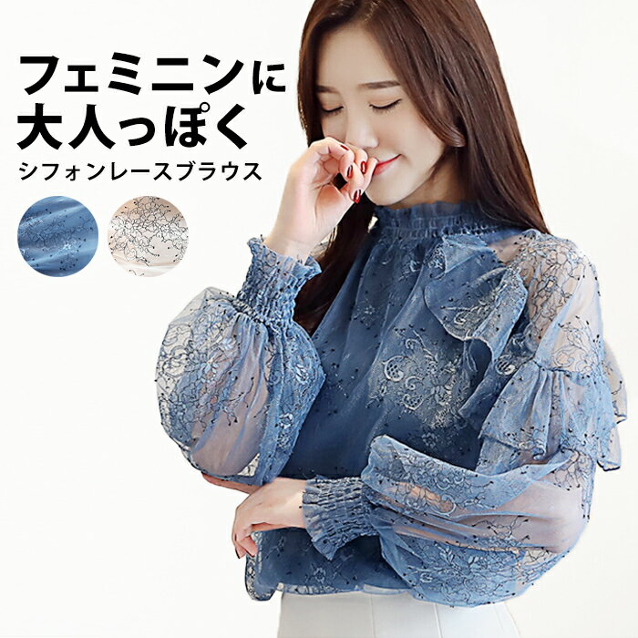 ■□シフォンレースブラウス レディース 長袖 刺繍 シアーブラウス 花 フラワー ブラウス シフォン レース シフォンブラウス トップス プチハイネック 春 夏 秋 春服 おしゃれ かわいい 大人 きれいめ プチプラ オフィス カジュアル フリル 上品 clf-196【P】[□]のサムネイル