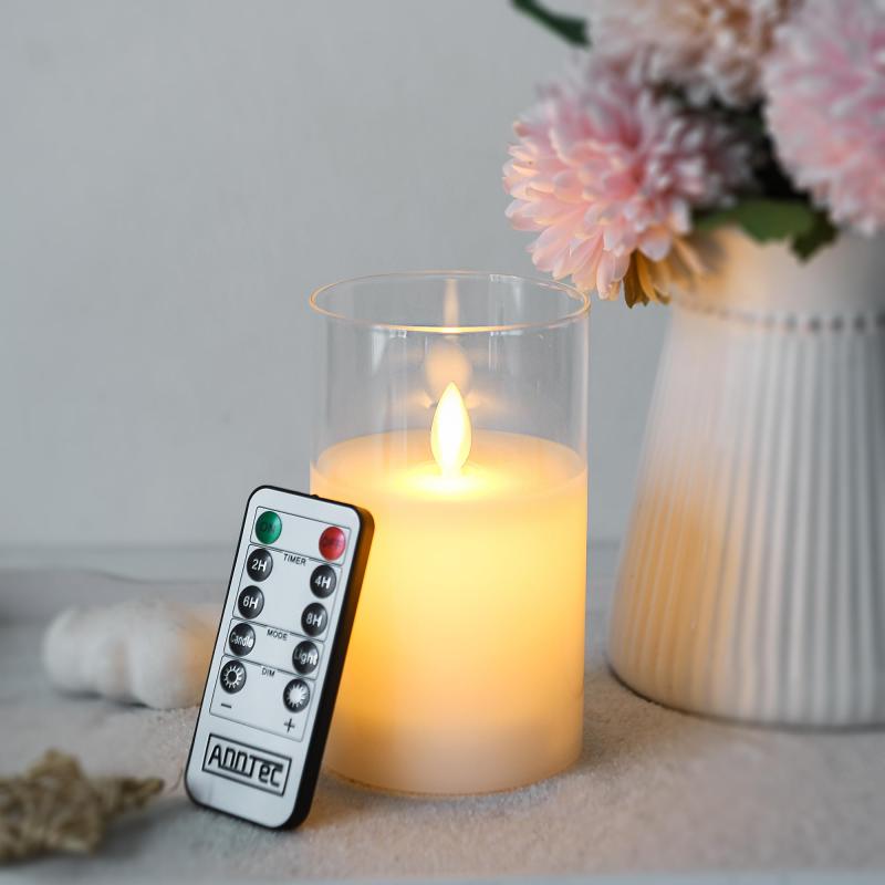 AnnTec LEDキャンドルライト ロウソク 本物の炎のようにゆらめく 暖色光 火を使わない ゆらゆら揺れる 安全 省エネ 専用リモコン付き 明るさ調整 電池式 LEDキャンドル ガラス